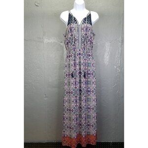 DR2 Daniel Rainn Maxi Dress Sm Sleeveless Boho Lace Yolk Blue Purple Sheer Lined